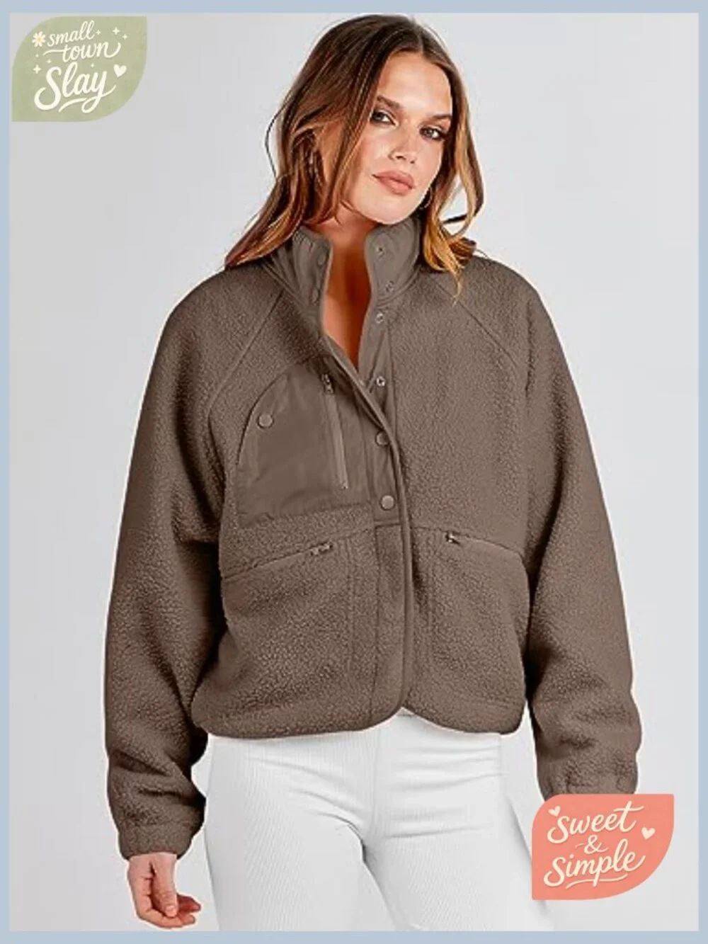 Womens Fuzzy Fleece Cropped Shacket with Pockets Long Sleeve Button Down Sherpa - Picture 3 of 7